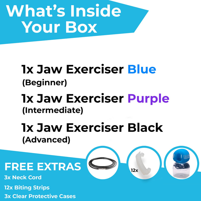 Lock N Stock Jaw Trainer, Exerciser for Jawline - Pack of 3 - Three Levels Of Resistance - Build & Chisel Your Jawline Jawz Includes 12 FREE Extra Biting Strips & 3 Necklaces (UK) - NewNest Australia