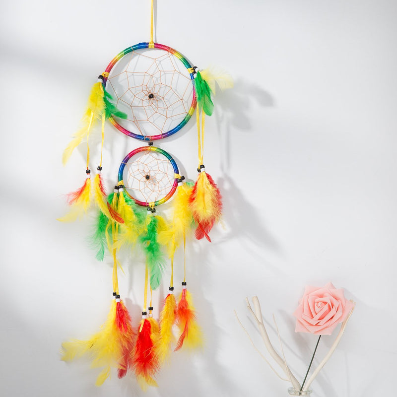 NewNest Australia - THY COLLECTIBLES 18" Traditional Rainbow Dream Catcher with Feathers Wall or Car Hanging Ornament Double Circles 