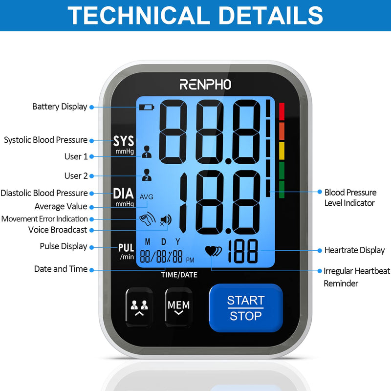RENPHO Blood Pressure Machines for Home Use, Upper Arm Blood Pressure Monitor with Quick Accurate Readings, Irregular Heartbeat Detect, 22-42 cm Large Cuff BP Machine with A Case, 2 * 120 Memories Normal - NewNest Australia