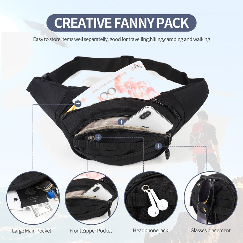 DAITET Fanny Pack for Men&Women, Crossbody Waist Bag with Adjustable Belt, Large Capacity Bum Bag for Traveling Hiking Cycling Workout Casual (Black) Black Oxford Cloth - NewNest Australia