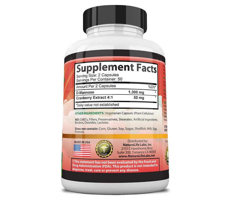 D-Mannose 1,300 mg with Cranberry Extract Fast-Acting, Flush Impurities, Natural Urinary Tract Health- 100 Veggie Capsules - NewNest Australia