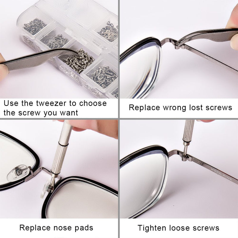 Sunglasses Eyeglasses Repair Kit, 1100PCS Tiny Stainless Steel Screws and 5 Pairs Nose Pads with Micro Screwdriver Tweezer for Watch Clock Spectacle Eyewear Repair - NewNest Australia