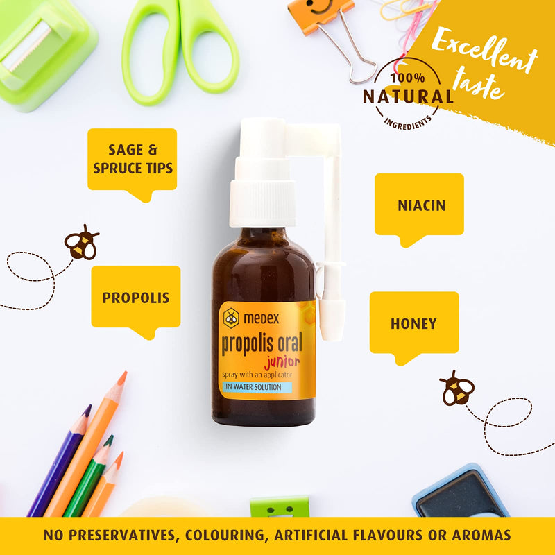 Medex Propolis Oral Junior, Mouth And Throat Spray, Water-Based, Without Alcohol; With Added Honey, Sage, Niacin, Spruce Tips, With Applicator, For Children From 3 Years, 30 Ml - NewNest Australia