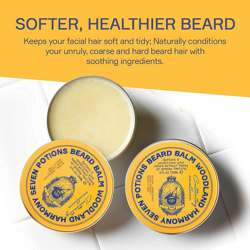 Seven Potions Beard Balm for Men — Conditioning Beard Softener to Nourish Skin, Facial Hair, and Stop Beard Itch — All-Natural, Vegan, Cruelty Free — Woodland Harmony (60ml) Coconut - NewNest Australia