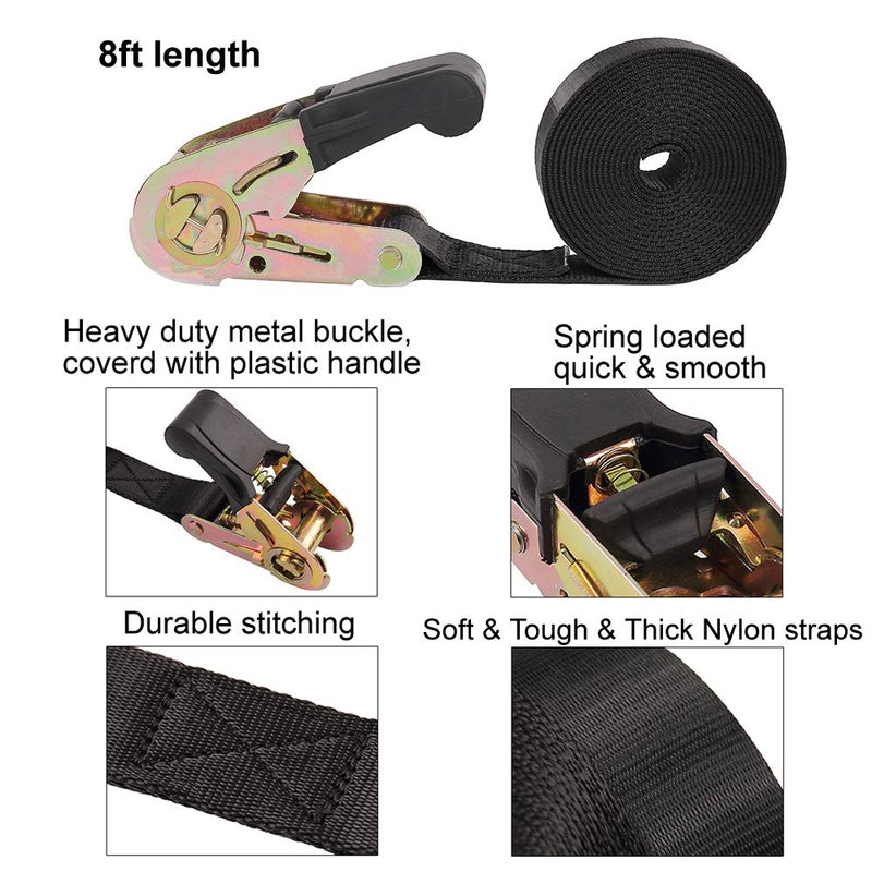 Endless Ratchet Tie Down Straps Heavy Duty Cargo Tie Downs, Durable Nylon Black Strap Down Ratcheting Securing Straps, Track Spring Fittings, Tie-Down Motorcycles, Trailer Loads, Kayak (8ft - 2pack) 8ft - 2pack - NewNest Australia