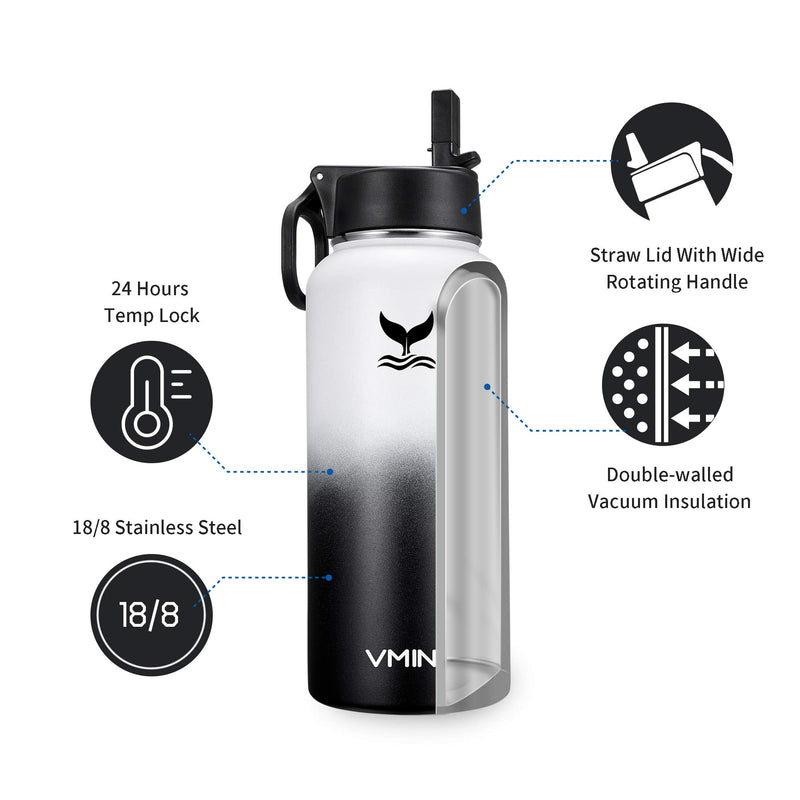 NewNest Australia - Vmini Water Bottle with New Wide Handle Straw Lid, Wide Mouth Vacuum Insulated 18/8 Stainless Steel, 32-40 oz Orcas 32oz 