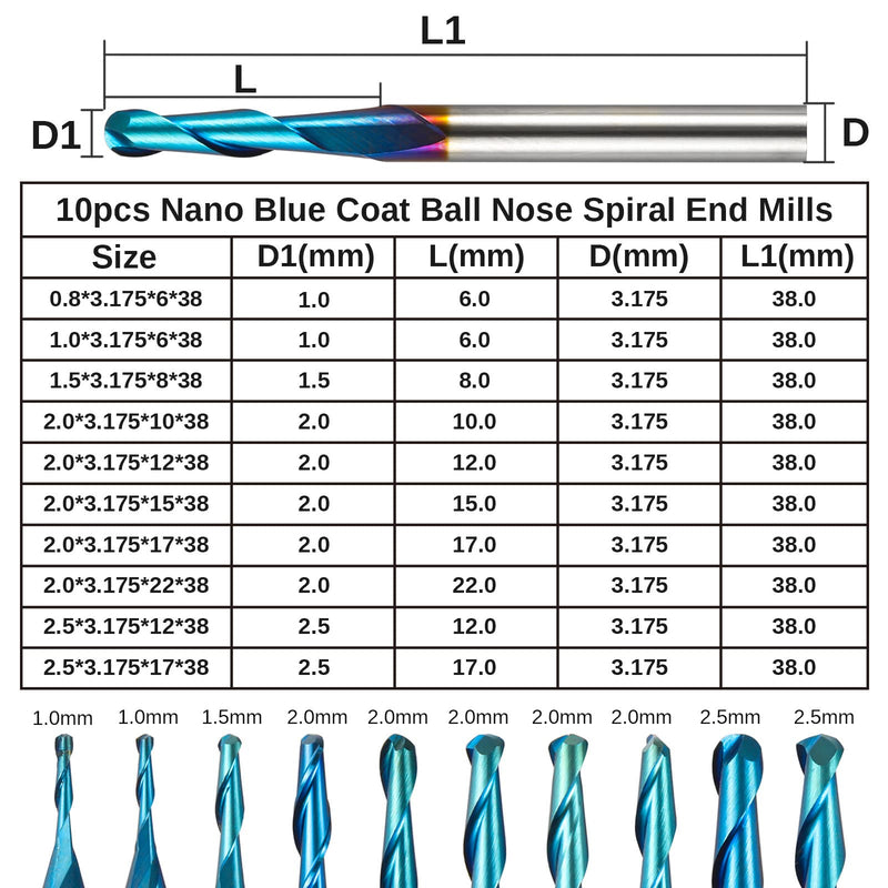 Genmitsu 10pcs 2-Flute Nano Blue Coat Ball Nose Spiral End Mill, 1/8'' Shank, 0.8mm-2.5mm Cutting Diameter, CNC Router Bits for Wood Working Acrylic MDF PVC ABS, BN10A 0.8mm-2.5mm Set (2-Flute Ball Nose) - NewNest Australia