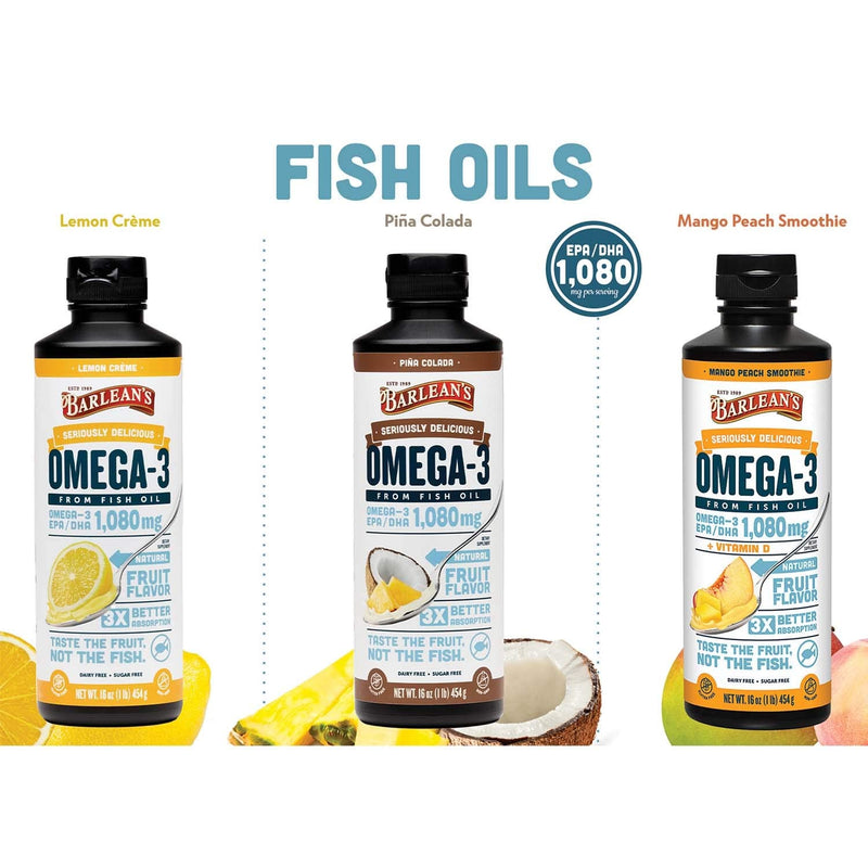 Barlean's Mango Peach Omega 3 Fish Oil Supplements - 1080mg of EPA/DHA, 600 IU Vitamin D3 for Brain, Heart, Joint, & Immune Health - Non GMO, Gluten Free, All-Natural Fruit Smoothie - 16-Ounce 1 Pound (Pack of 1) - NewNest Australia