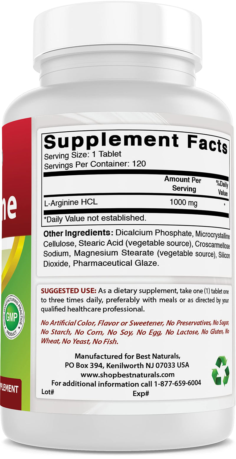 (New Improved Formula) Best Naturals L-Arginine 1000 mg 120 Tablets - Pharmaceutical Grade L Arginine Supplement Promotes Nitric Oxide Synthesis - NewNest Australia