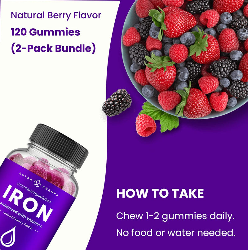 (2-Pack) Iron Gummies for Adults & Kids | 20mg Microencapsulated Iron Supplement Gummies with Vitamin C | Blood Builder & Energy Support for Iron Deficiency & Anemia | 120 Vegan Iron Vitamin Chewables 2 - NewNest Australia
