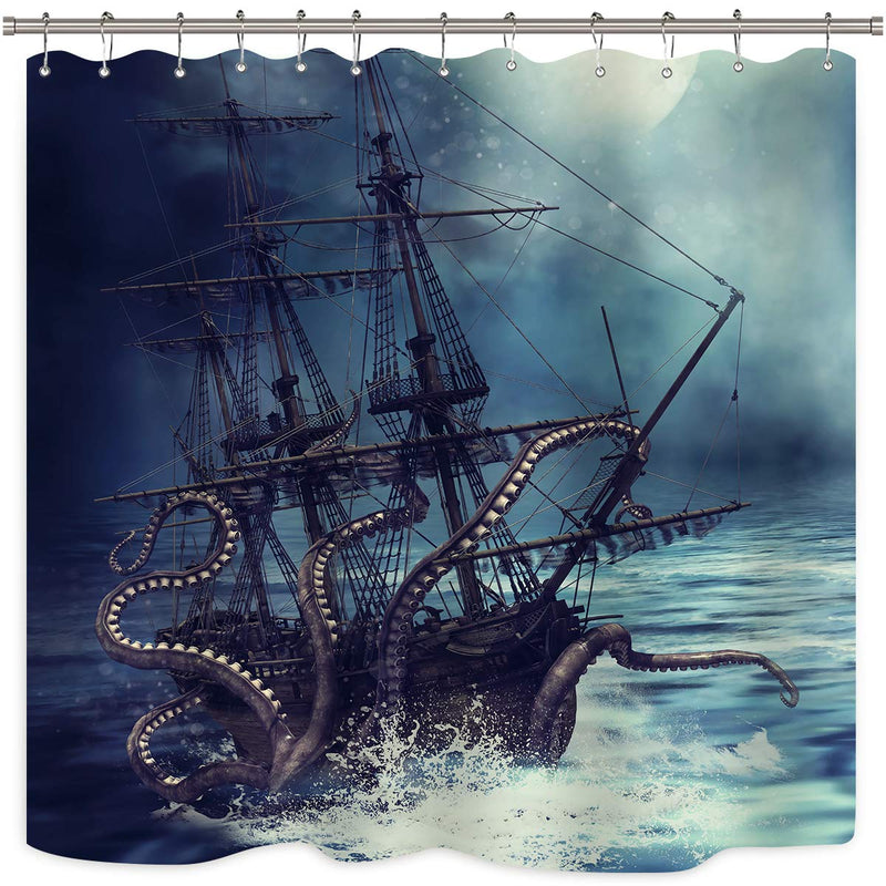 Riyidecor Octopus Kraken Nautical Shower Curtain Pirate Ship Boys Kids Steampunk Sailboat Ocean Bathroom Decor Fabric Polyester Waterproof 72x72 Inch with 12 Pack Hooks 72Wx72H Blue Black - NewNest Australia