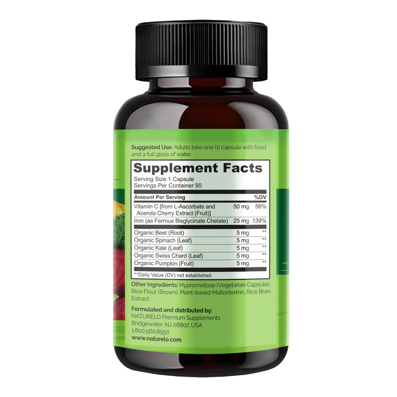 NATURELO Vegan Iron Supplement with Vitamin C and Organic Whole Foods - Gentle Iron Pills for Women & Men w/ Iron Deficiency Including Pregnancy, Anemia and Vegan Diets - 90 Mini Capsules 90 Count (Pack of 1) - NewNest Australia