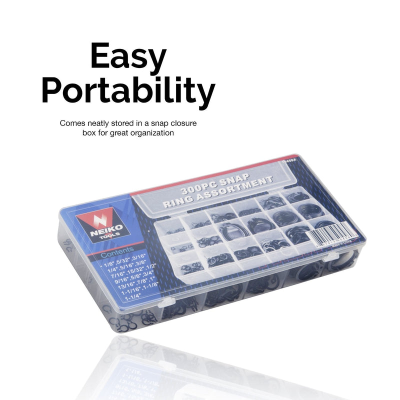 NEIKO 50458A Snap Ring Shop Assortment | 300 Piece Retaining Ring Set | 18 Sizes (1/8" - 1-1/4") | Heat-Treated Hardened Steel | Secure Parts on Grooved Shafts, Pins, Studs, etc. - NewNest Australia