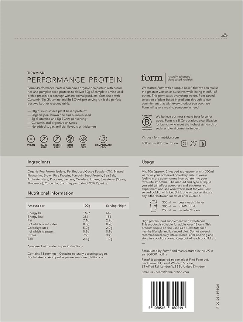 Form Performance Protein - Vegan Protein Powder - Complete Amino Acid Profile with BCAAs and Digestive Enzymes. Perfect Post Workout. Tastes Great with Just Water! (Tiramisu) Tiramisu - NewNest Australia