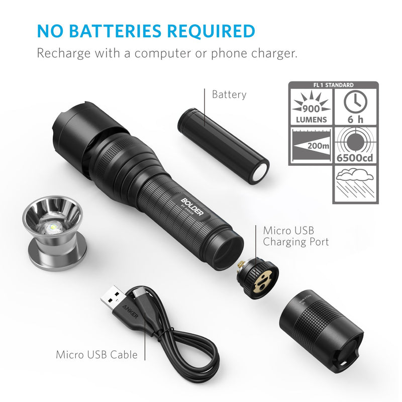 Anker Super Bright Tactical Flashlight, Rechargeable (18650 Battery Included), Zoomable, IP65 Water-Resistant, 900 Lumens CREE LED, 5 Light Modes for Camping and Hiking, Bolder LC90 - NewNest Australia