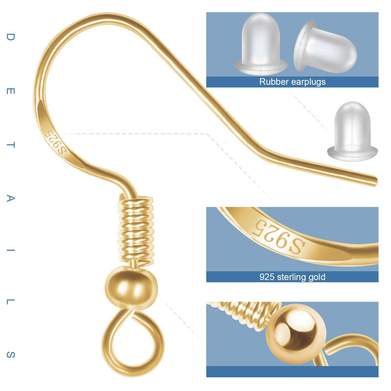 925 Sterling Gold Earring Hooks 120 PCS/60 Pairs, Ear Wires Fish Hooks, Hypo-allergenic Jewelry Findings Parts with 120 PCS Clear Silicone Earring Backs Stoppers for DIY Jewelry Making - NewNest Australia