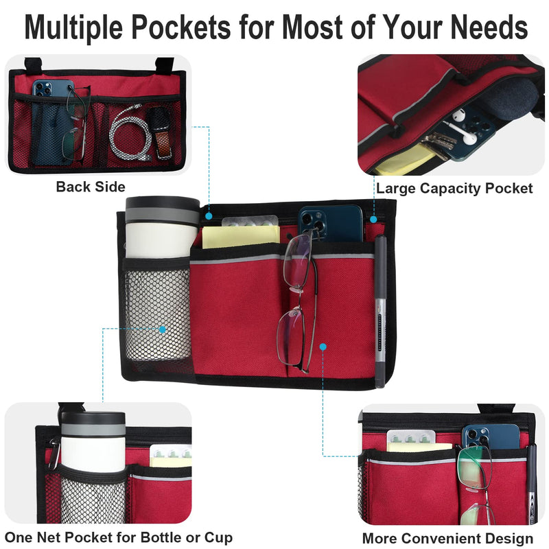 Wheelchair Side Organizer Storage Bag Armrest Pouch with Cup Holder and Reflective Stripe Use Waterproof Fabric, for Most Wheelchairs, Walkers or Rollators (Red) Red - NewNest Australia
