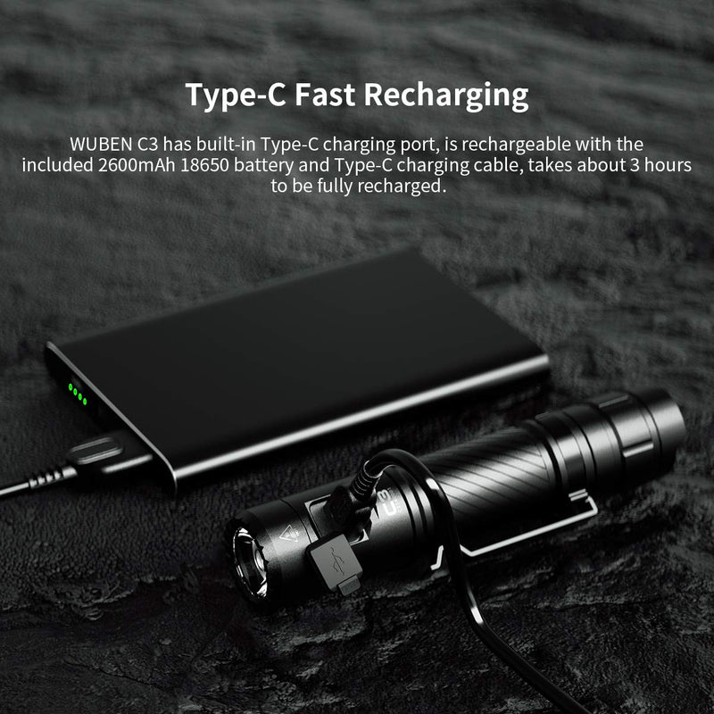 WUBEN C3 Rechargeable Flashlight 1200 High Lumens Tactical Super Bright LED Flashlights 18650 Battery Included Type-C Charging IP68 Water-Resistant 6 Light Modes Pocket-Sized EDC Flash Light - NewNest Australia