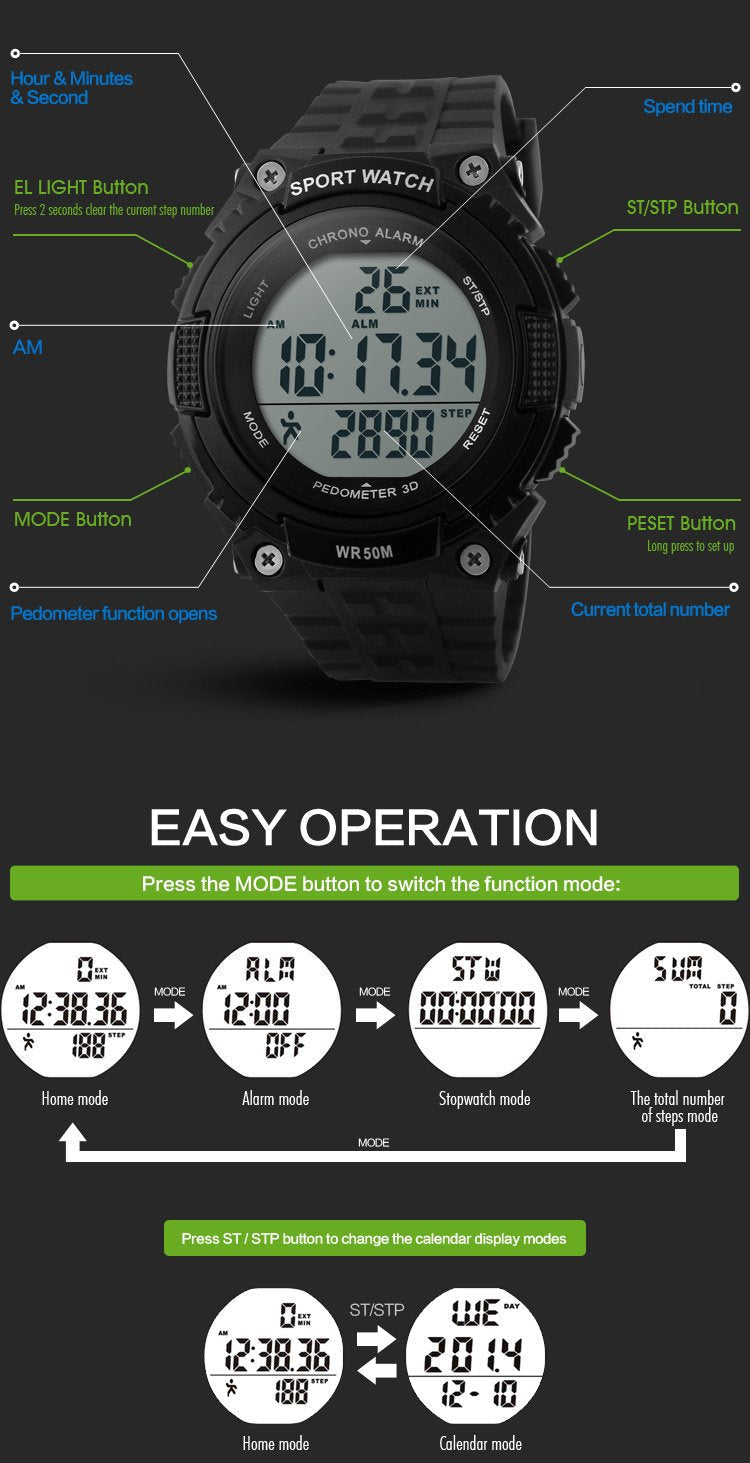 Fanmis Unisex Pedometer Watches Military Multifunctional 50M Waterproof Digital Outdoor Sports Watch Black - NewNest Australia