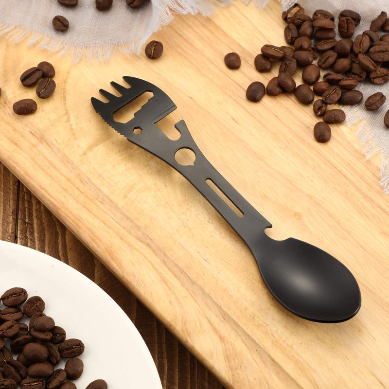 Utility Camping Spork Functional Spork Stainless Steel Spork Outdoor Spoon Fork Bottle Can Opener 10 Functions 1 Design for Travel Eating Tool Easy to Store Cloth Case (Black) Black - NewNest Australia