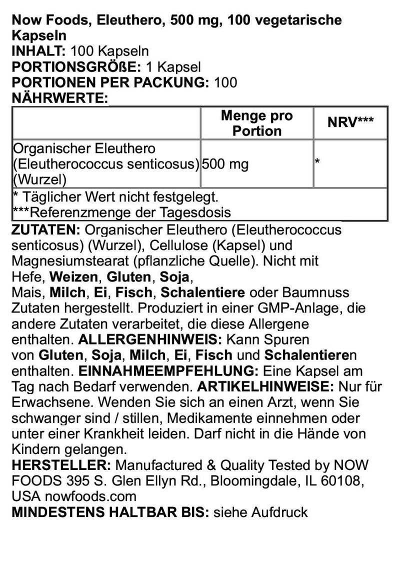 NOW Supplements, Eleuthero (Eleutherococcus senticosus)500 mg, 100 Veg Capsules - NewNest Australia