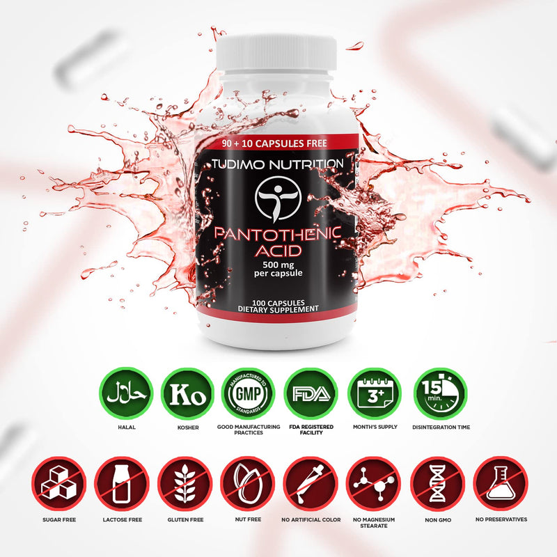 Vitamin B5 capsules, high dosage 500 mg pantothenic acid - 100 pieces (3+ month supply) each with 500 mg of high-quality Vit B5 pantothenic acid powder - NewNest Australia
