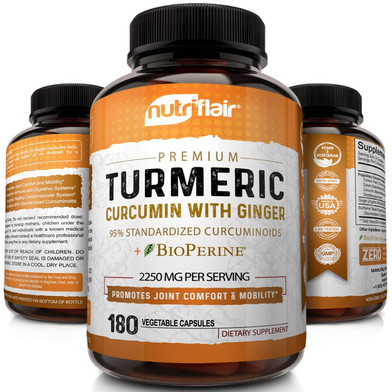 Turmeric Curcumin with Ginger & BioPerine Black Pepper Supplement :: Anti-Inflammatory, Antioxidant, Anti Aging :: 100% Natural, Non-GMO, Vegan Best Maximum Potency, No Side Effects (180 Capsules) - NewNest Australia