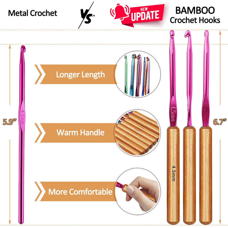 Coopay Bamboo Crochet Hooks Comfort Grip, 6.7" Crochet Kit Longer Aluminum Shaft Crochet Needles for Crocheting, Ergonomic Knitting Hooks Set for Crochet Yarn Craft, Premium Knitting Crochet Supplies - NewNest Australia