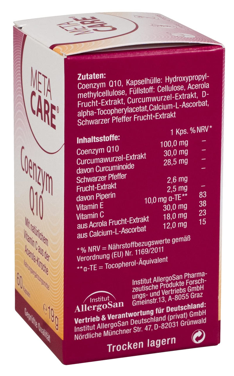META CARE Coenzyme Q10 - Ideally combined with natural vitamin C from the acerola cherry - Optimized absorption thanks to black pepper extract - 60 capsules, 19 g - NewNest Australia