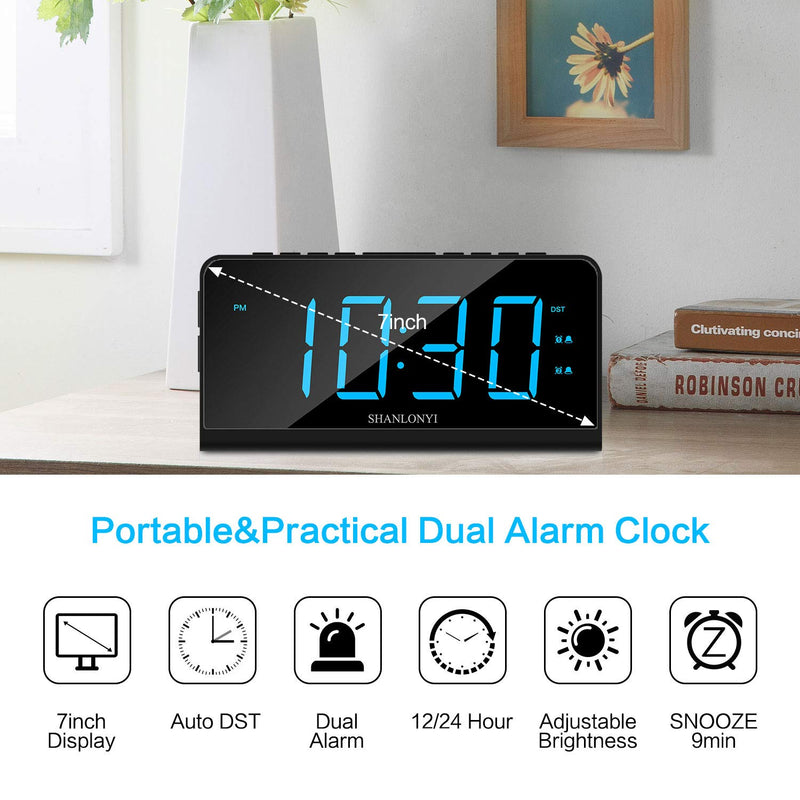 NewNest Australia - Digital Alarm Clock, 7'' LED Display, Desk & Shelf Clocks for Kid Senior, Easy to Use, 12/24 H, 5 Brightness, USB Charging Port, Snooze, Bedside Alarm Clock for Bedroom Kitchen Office Black-Blue 
