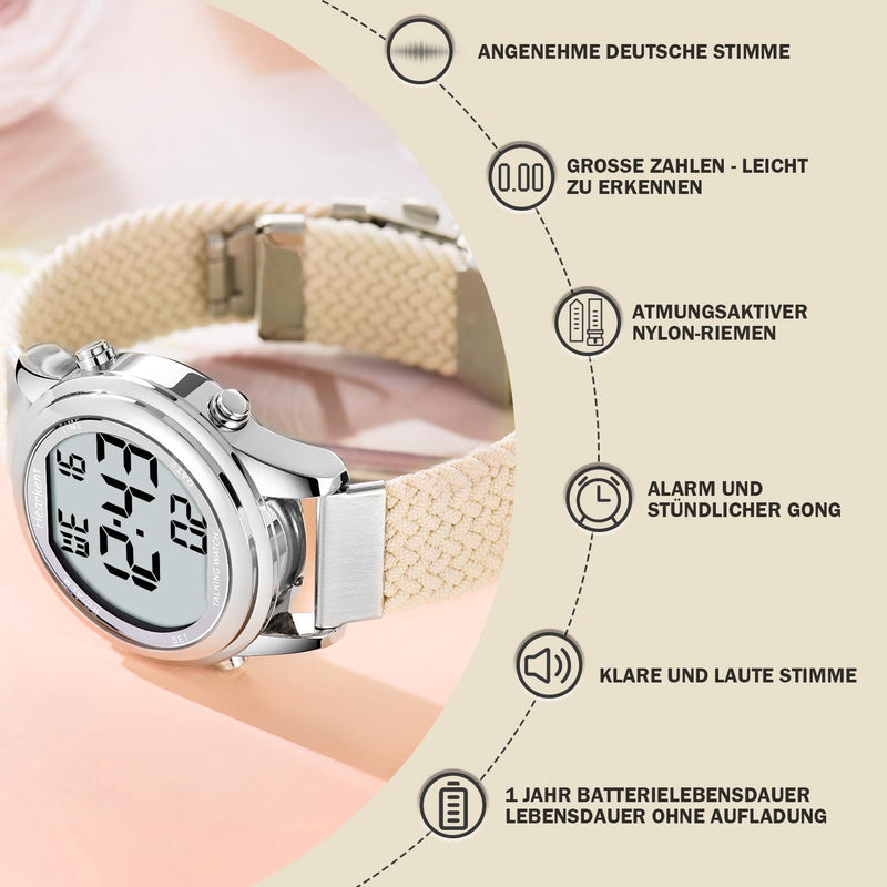 Hearkent Digital Talking Watch for Women with German Pleasant Voice LCD Large Numbers Watch for Visually Impaired, Elderly or Blind People Black - NewNest Australia