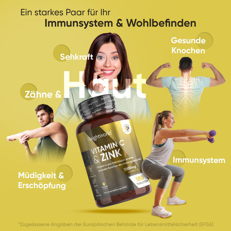 Vitamin C with Zinc Tablets - 1000mg - 6 Month Supply - For Immune System, Energy, Bones, Skin & Metabolism (EFSA) - 180 Vegan Tablets - Alternative to Capsules & Powder - Vit C from WeightWorld Vitamin C with Zinc - NewNest Australia