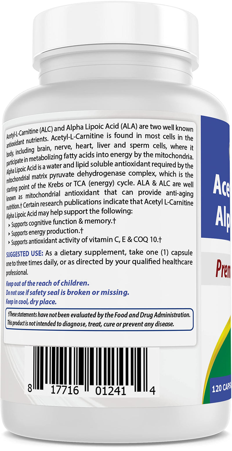 Best Naturals Acetyl L-Carnitine and Alpha Lipoic Acid 750 mg 120 Capsules 120 Count (Pack of 1) - NewNest Australia
