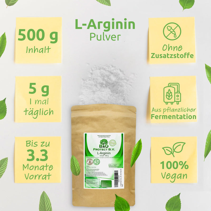 L- Arginine Base Powder 500 grams - 100% without additives - purest arginine powder in premium quality from Bio Protect always free from magnesium stearate and other additives - NewNest Australia