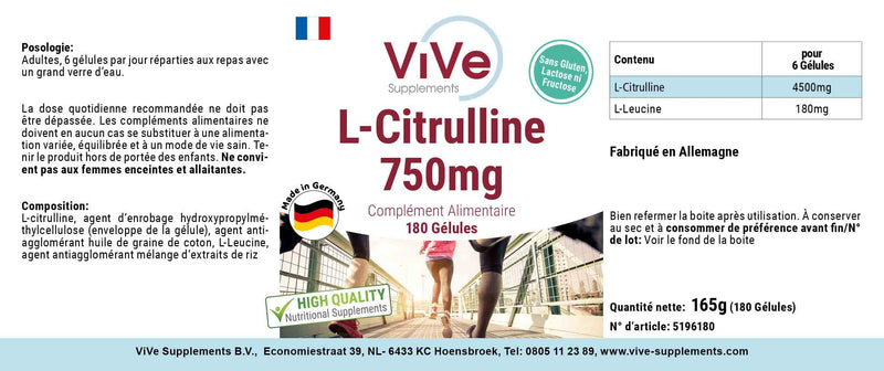 L-Citrulline 750 mg - 180 capsules for 1 month - amino acid - high dosage and vegan | Quality from Germany from ViVe Supplements - NewNest Australia