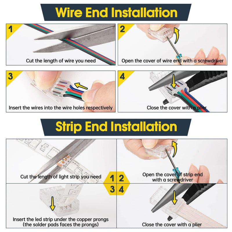 GXILEE Led Light Connectors, 4 Pin Led Connectors for 10mm Waterproof or Non-Waterproof 5050 RGB Strip 10 Pack, Strip to Wire Connection Without Stripping, Include 16.4ft 22 Gauge Led Extension Cable - NewNest Australia