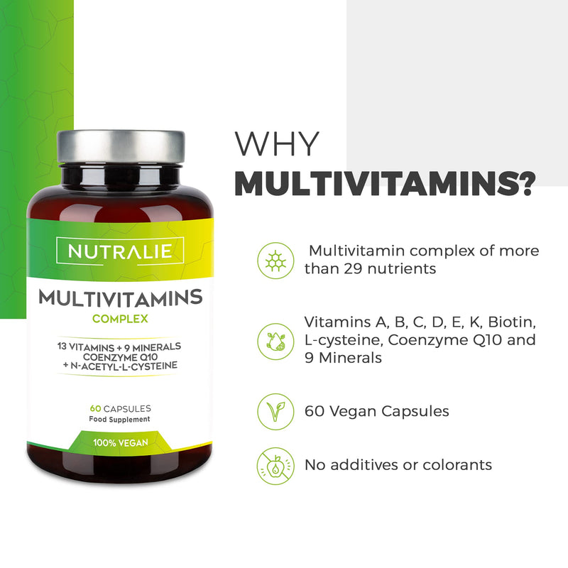 Multivitamin Capsules 29 Essential Nutrients Vegan | Vitamins A, B, C, D, E, K, Biotin, L-Cysteine, Coenzyme Q10 And 9 Minerals | Multivitamin Complex 60 Capsules | Nutralie - NewNest Australia