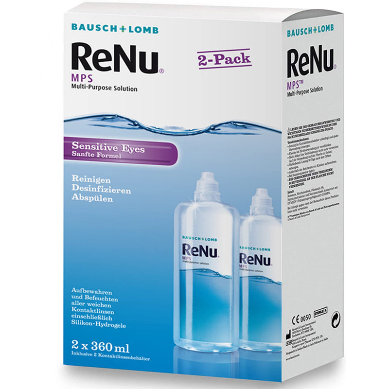Bausch + Lomb ReNu MPS Sensitive Eyes Combination Solution - Contact Lens Cleaner and Storage Solution, Soft Contact Lenses, 2 x 360 ml, Transparent 360 ml (Pack of 2) - NewNest Australia