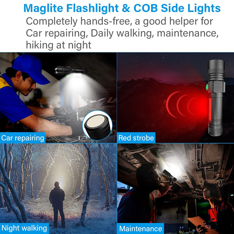 USB Rechargeable Flashlight, Vnina Magnetic LED Flashlights Super Bright Tactical Flashlights with Cob Sidelight Waterproof Zoomable 6 Modes USB Rechargeable for Camping Emergency(Battery Included) Red - NewNest Australia