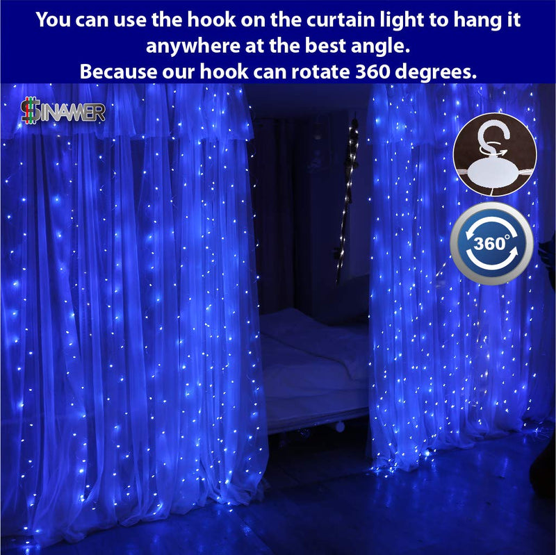 SINAMER Curtain Light, 9.8ft x 9.8ft Copper Wire String Lights, USB Powered Hanging Window Fairy Lights, 8 Lighting Modes, Remote Control for Home Christmas Wedding Party (Blue) Blue - NewNest Australia