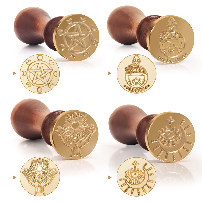 Wiccan Wax Seal Stamp Set, Pagan Pentagram Moon Phases Sealing Stamp Head, Vintage Evil Eye Triple Moon Pentacle and Sun Bottle Pattern Kit with Gift Box for Letter Envelope Witchcraft Invitation Card - NewNest Australia