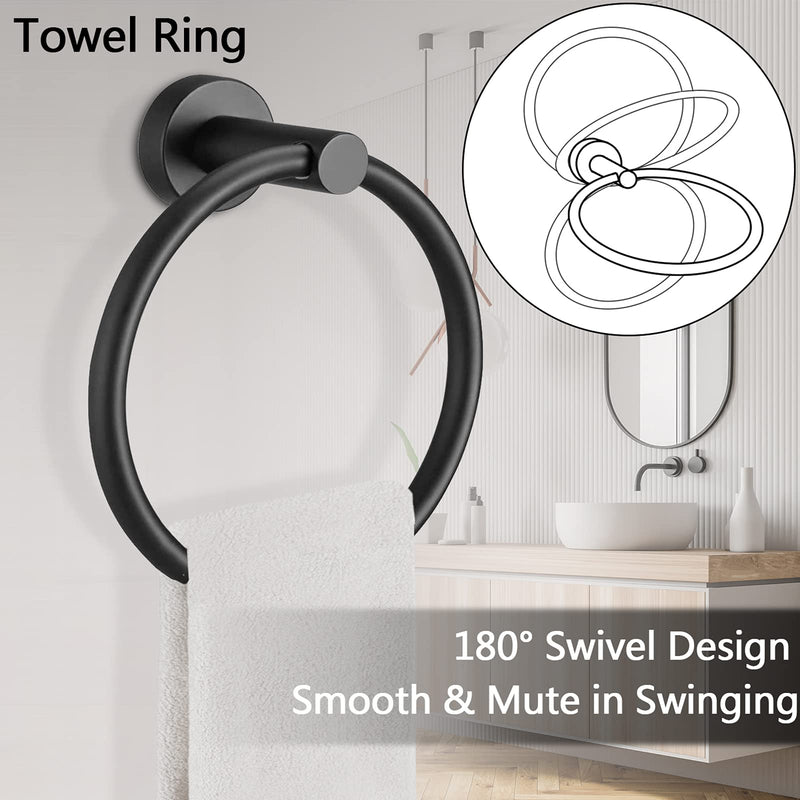 Pynsseu Bathroom Towel Ring Set, 304 Stainless Steel Matte Black Hardware Accessories Set Includes Hand Towel Holder, Toilet Paper Holder, Black Towel Rack for Bathroom - NewNest Australia