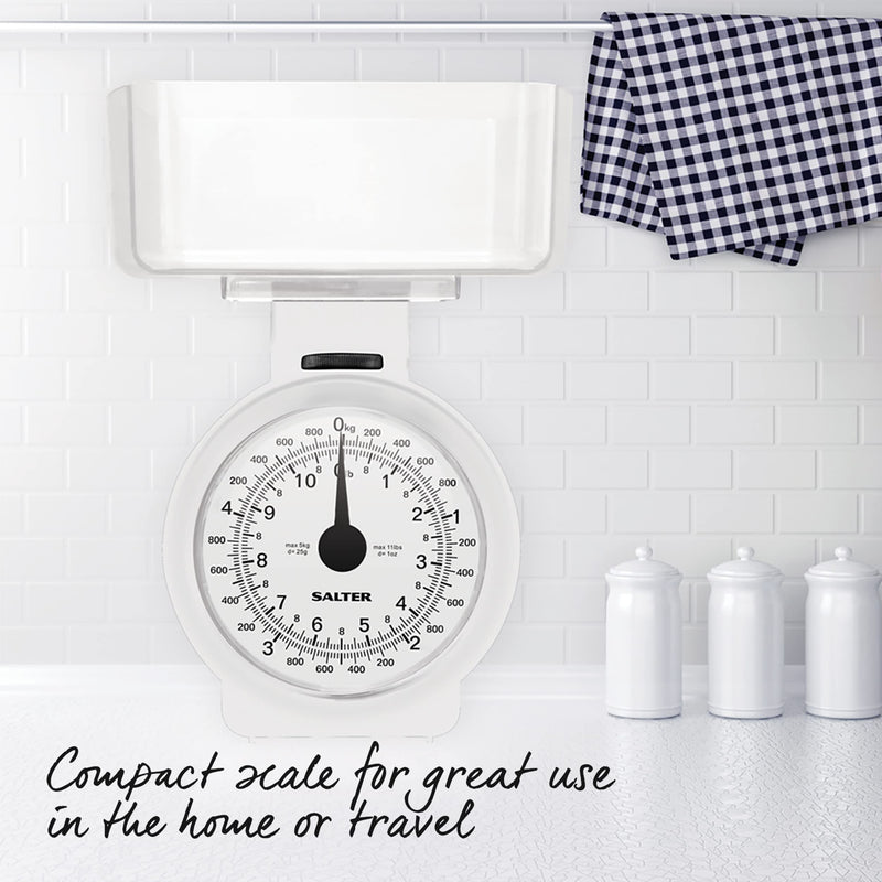 Salter 112 WHWHDR Mechanical Kitchen Scale, 3 KG Maximum Capacity, Analogue, Easy to Read Dial, Dishwasher Safe, Compact Storage, 1 L Detachable Bowl, Battery Free, White single - NewNest Australia
