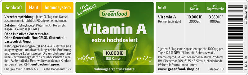 Vitamin A, 10,000 iU, extra high dose, 180 capsules - good for eyesight, mucous membranes and immune system. WITHOUT artificial additives. Without genetic technology. Vegan. 180 pieces (pack of 1) - NewNest Australia
