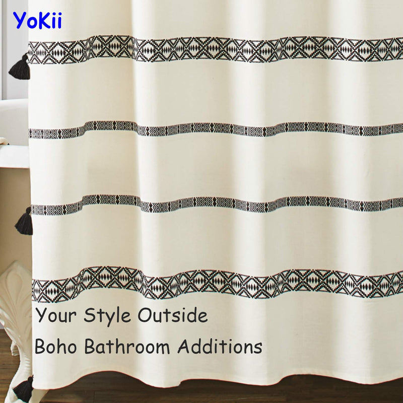 YoKii Tassel Fabric Shower Curtain, Black and Cream Stripe Print Boho Polyester Bath Curtain Set with Hooks, Decorative Spa Hotel Heavy Weighted 72-Inch Bathroom Curtains, (72 x 72, Black and Cream) 72 x 72 - NewNest Australia