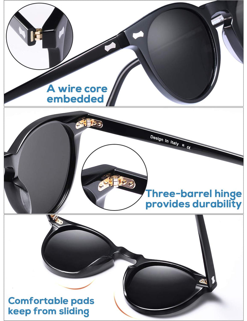 Carfia Vintage Polarized Sunglasses for Men UV400 Protection Retro Fashion Eyewear Hand-crafted Acetate Frame CA5288L R1: Grey Lens Style1-Round Shade - NewNest Australia