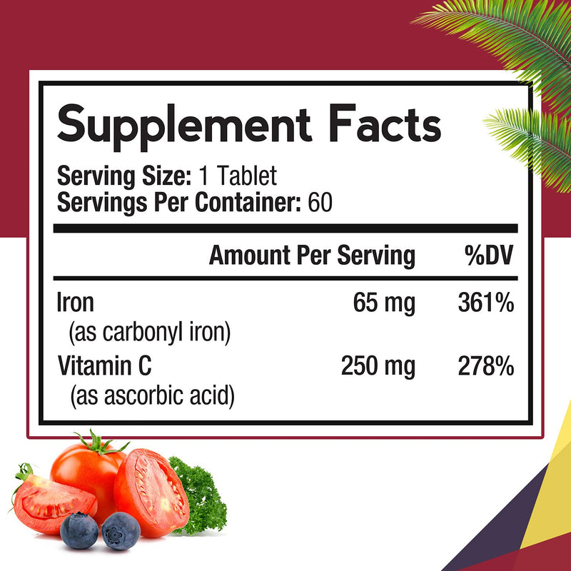 Doctor’s Recipes Iron 65 mg Carbonyl Iron with Vitamin C, Maximized Absorption Easy on The Stomach, Red Cells Formation, Blood, Heart, Brain, Muscle & Immunity Health, Vegan Non-GMO 60 Tablets - NewNest Australia