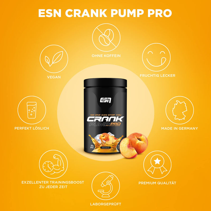 ESN CRANK PUMP PRO, 450g Peach Iced Tea, Pre Workout Booster - NewNest Australia