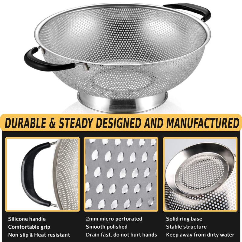 5 Qt Colander 18/8 Stainless Steel Colander Silicone Handle Easy Grip Micro-Perforated Strainer Heavy Duty and Self-draining Solid Ring Base BPA Free Dishwasher Safe - Black - NewNest Australia