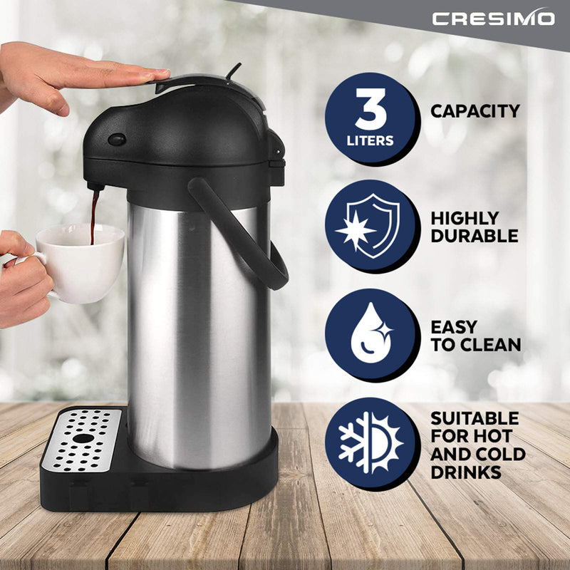 Cresimo 3L (101 oz) Airpot Thermal Coffee Carafe with Included Coffee Drip Tray and Cleaning Brush/Lever Action Stainless Steel Insulated Thermos / 12 Hour Heat and Cold Retention 3L with Drip Tray - NewNest Australia